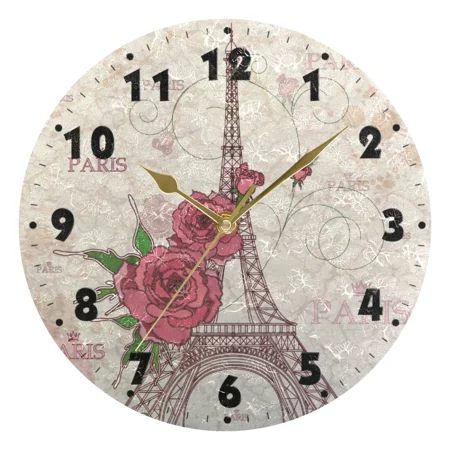 Paris Eiffel Tower Round Wall Clocks French Style Silent Wall Hanging Watch 25cm Wooden Clock for Living Room（10 Inch）