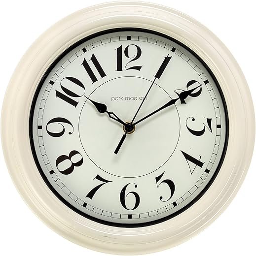 Park Madison White Vintage Wall Clock Quiet 11 Inch Quality Quartz Battery Operated Round Easy to Read Home/Office/Kitchen/Classroom/School Clock Classic Movement (13842)