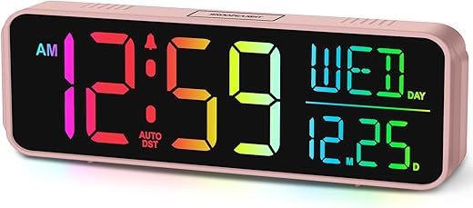 Peakeep Kids Digital Alarm Clock for Bedrooms, Date Day of Week Large Display Numbers 6 Brightness Dimmer, 5 Volume Loud for Heavy Sleepers, 8 RGB Colors Electric Desk Clock Battery Backup, Auto DST