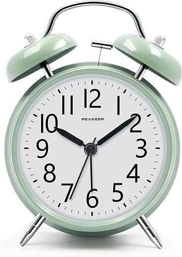 Peakeep Loud Battery Alarm Clock for Heavy Sleepers Adults Kids, Analog 4.5" Twin Bell Old School Fashioned Style for Bedrooms Living Room Decor (Avocado Green)