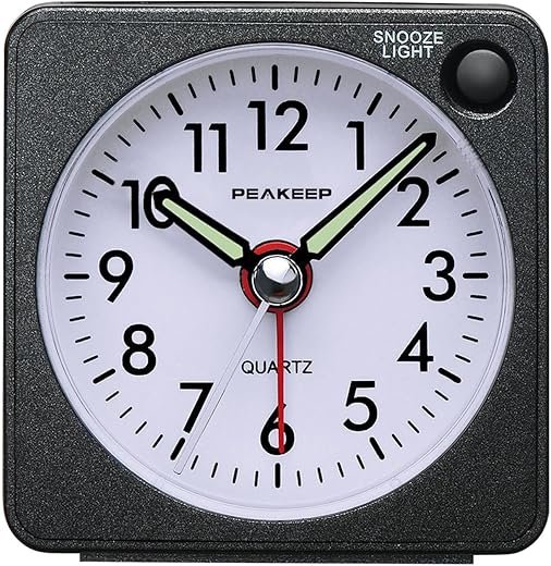 Peakeep Ultra Small, Battery Travel Alarm Clock with Snooze and Light, Silent with No Ticking Analog Quartz (Black)