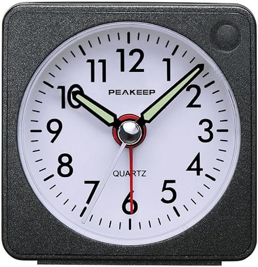 Peakeep Ultra Small, Battery Travel Alarm Clock with Snooze and Light, Silent with No Ticking Analog Quartz (Black)