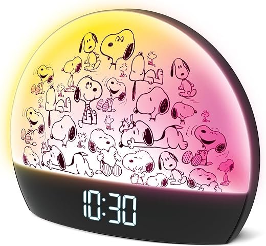 Peanuts Snoopy Sunrise Alarm Clock – Vibrant Snoopy Edition with Multicolor Lights, USB Charging, LED Display, Gentle Wake-Up Simulation, and Handy Snooze Function, Black