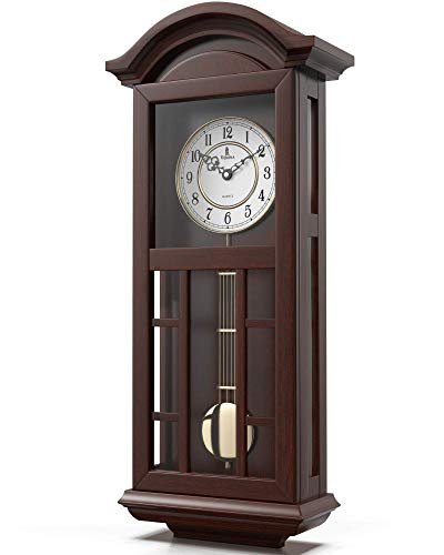 Pendulum Wall Clock - 27 inch Wooden Hanging Grandfather Wall Clock with Pendulum - Real Wood, Quiet, Non-Chiming & Battery Operated for Living Room Decor, Office & Home Décor Gift