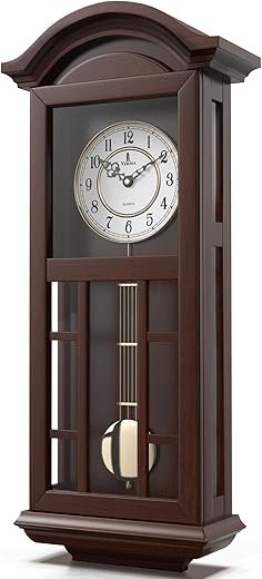 Pendulum Wall Clock - 27 inch Wooden Hanging Grandfather Wall Clock with Pendulum - Real Wood, Quiet, Non-Chiming & Battery Operated for Living Room Decor, Office & Home Décor Gift