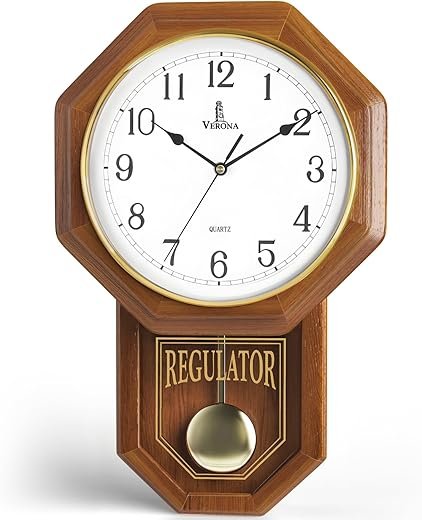 Pendulum Wall Clock Battery Operated - 18x11 Real Wood Regulator Clock - Schoolhouse Design with Pendulum - Quiet, Non-Chiming - Wooden Wall Decor for Living Room Decor, Home, Office and Gift