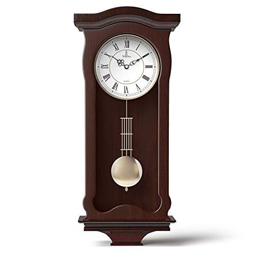Pendulum Wall Clock Battery Operated - Wooden Hanging Grandfather Wall Clock with Pendulum - Quiet & Non-Chiming, Real Wood - Decorative for Living Room Decor, Office & Home Décor Gift 23.5x9.75