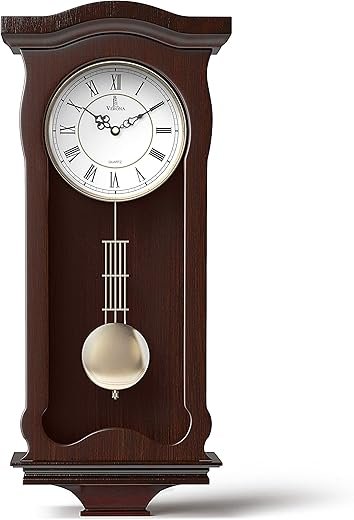Pendulum Wall Clock Battery Operated - Wooden Hanging Grandfather Wall Clock with Pendulum - Quiet & Non-Chiming, Real Wood - Decorative for Living Room Decor, Office & Home Décor Gift 23.5x9.75