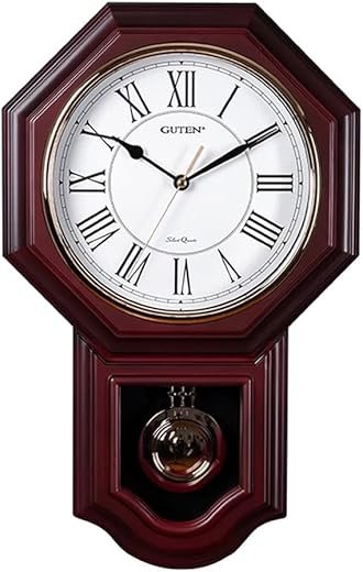 Pendulum Wall Clock Battery Operated, Mahogany Wood Frame, Roman Numerals,Sweep Movement Clock - Chiming Wall Clock for Living Room Decor, Office & Home Decor Gift, 18.5 x 11.5 inches