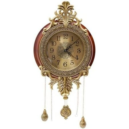 Pendulum Wall Clock, Vintage Wall Clocks Battery Operated Large Fancy Antique Clock, Elegant Silent Wood Metal Pendulum Clock for Living Room Decor (13.8 x 29 Inches)