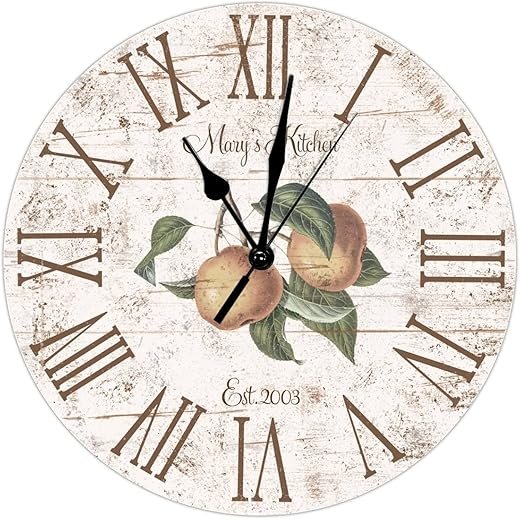 Personalized Name Kitchen Pear Wooden Clock Custom Est Pear French Wall Clocks Silent Non-Ticking Wall Clocks 10Inch Round Wall Clock Country Tuscan Style Kitchen Clocks for Dinning Living Room