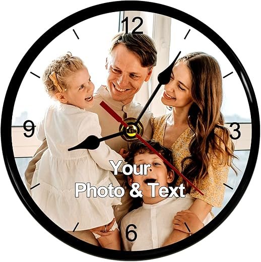 Personalized Wall Clock with Pictures Customizable Photo Text Logo Clock Custom Clock for Walls Non-Ticking Battery Operated Living Room and Bedroom Background