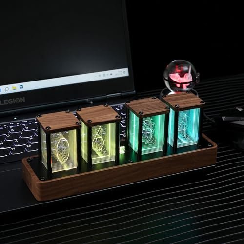 Phinicco Nixie Tube Alarm Clock for Desk Walnut Alarm Tube Clock LED Digital Tube Clock Full Color RGB 12/24h Display Vintage Alarm Clock Gaming Desk Decor