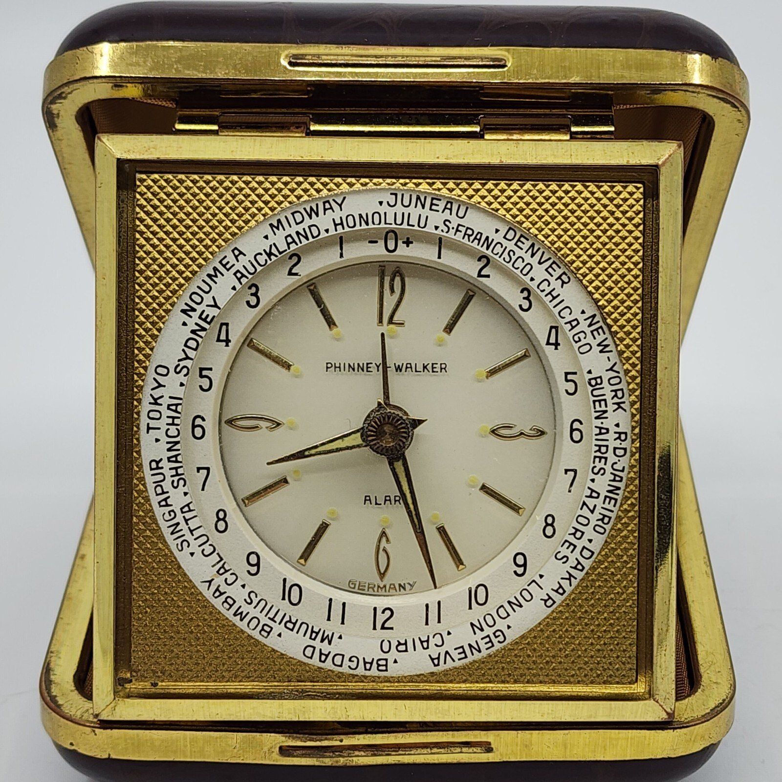 Phinney Walker Travel Alarm Clock World Time MADE IN GERMANY Gold Tone WORKS