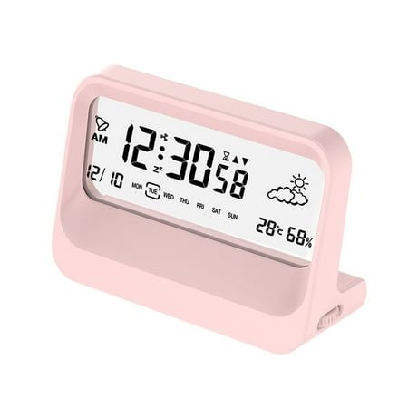 Pink Digital Alarm Clock With Temperature Humidity Display 5.2X3.6X1.9In Multifunctional Bedside Timer Transparent Case Battery Operated - 350G / 0.77Lb