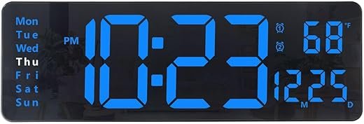 Plumeet Digital Wall Clock, 13’’ Large LED Wall Clock with Remote Control, Big Digits, Auto-Dimming, 2 Alarm, Silent Wall Clock Show Date Week Temp (Include Adapter), Blue
