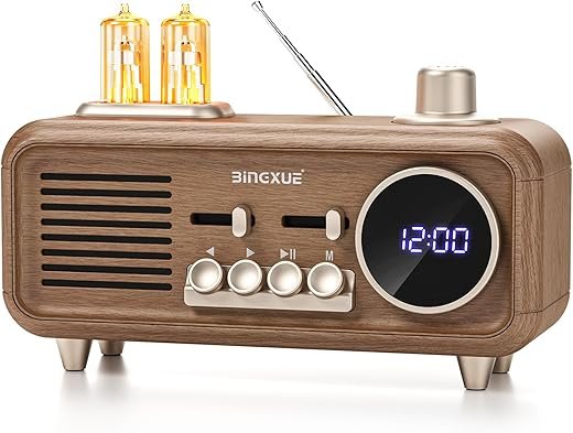 Portable Vintage FM Radio with Clock, Retro Bluetooth Speaker Radios with 2 Warm Light, Toggle 12/24 h Display, Strong Reception, Transistor Plug in Wall for Home, Bedroom（No Alarm Clock）