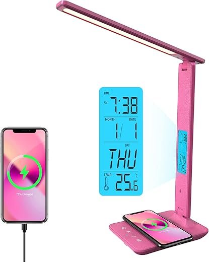 poukaran Desk Lamp, LED Desk Lamp with Wireless Charger, USB Charging Port, Table Lamp with Clock, Alarm, Date, Temperature, Office Lamp, Desk Lamps for Home Office, Pink