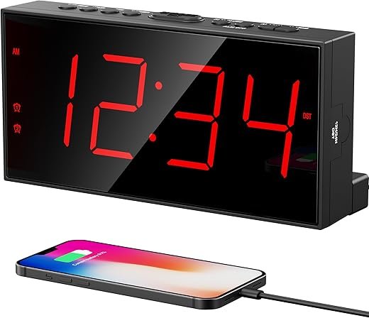 PPLEE Alarm Clock for Bedroom, Large Number Digital Clock with Dimmer for Living Room, Dual Alarms Easy to Read clock for Seniors, Electric Bedside Desk Clock with USB Charger, Digital Red LED Display