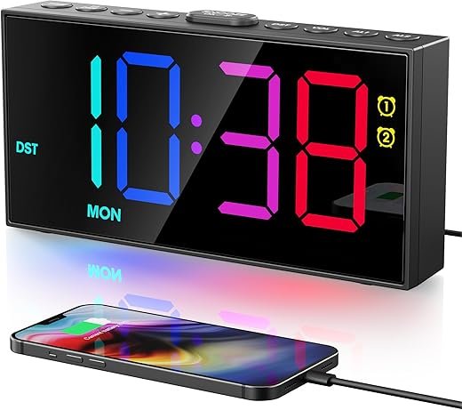 PPLEE RGB Digital Alarm Clock for Bedrooms with Day Display, Loud Dual Alarms for Heavy Sleepers, Plug-in Bedside Clock with USB Charging, Dimmable Large LED Display, Snooze for Kids Teens Boys Girls