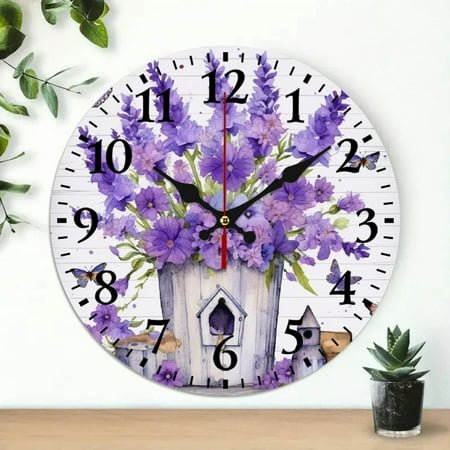 PRATYUS 10 Inch Wall Clock Purple Flowers Butterflies Design Silent Movement 10x10in