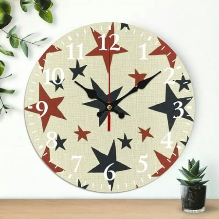 PRATYUS Star Pattern Round Wooden Wall Clock 10 Inch Battery Operated 10x10in
