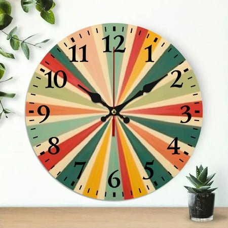 PRATYUS Sunburst Pattern Wooden Wall Clock, Frameless 10-Inch Analog Clock, Silent Battery Operated Wall Art Decor for Living Rooms, Kitchens, Dorms - Practical Everyday Gift 10x10in