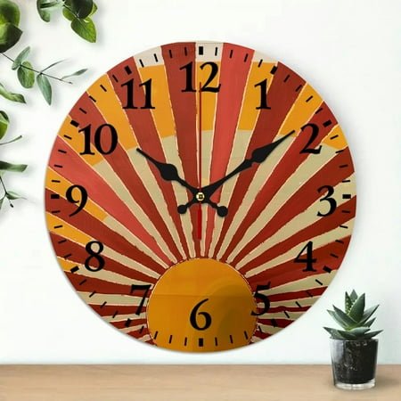Pratyus Sunburst Theme 10-Inch Round Wooden Wall Clock for Home Decor - Ideal for Living Rooms, Kitchens, Dorms - Practical Everyday Gift 10x10in