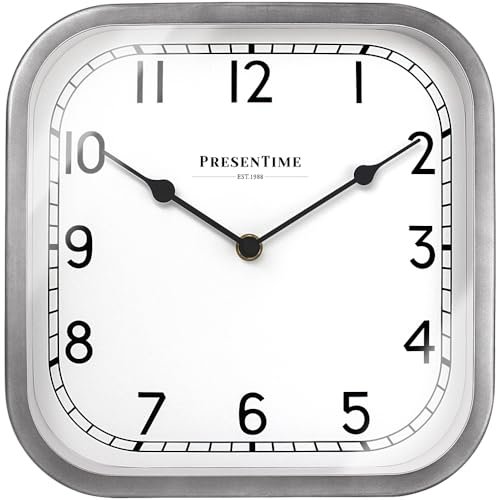 Presentime & Co 10" Anton Vintage Square Clock, Silent No Ticking, Wall & Mantel 2 in 1, Desk and Shelf Clock, Tabletop Décor, Modern Silver Color