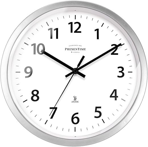 Presentime & Co 12" Atomic Wall Clock, Silent no Ticking, Automatically Sets Itself and Adjust to Daylight Saving Time by WWVB - Faux Stainless Steel Finish. (Home Office)