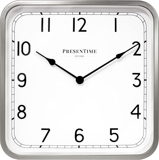Presentime & Co 16" Anton Vintage Square Clock, Silent No Ticking, Wall & Mantel 2 in 1 Clock, Desk and Shelf Clock, Tabletop Décor, Modern Silver Color