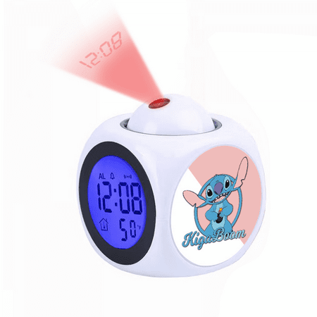 Projection Alarm Clock, Cartoon Stitch Pattern Digital Alarm Clock with Voice Talking LED Time Temperature 12/24H Display for Office Bedside Table, Creativity Gift
