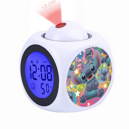 Projection Alarm Clock, Cartoon Stitch Pattern Digital Alarm Clock with Voice Talking LED Time Temperature 12/24H Display for Office Bedside Table, Creativity Gift