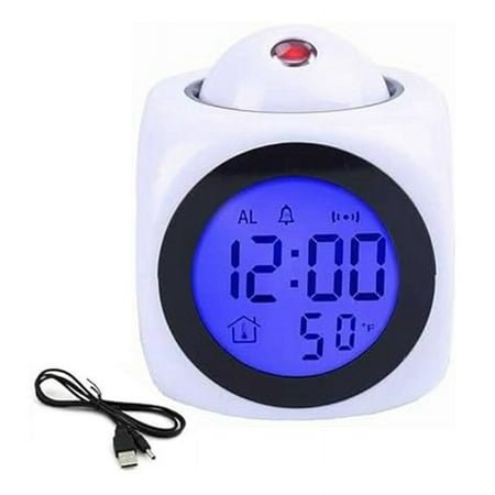Projection Electronic Clock, English Clock Projection Clock Multi-Function Alarm Clock, LCD Projection Alarm Clock White