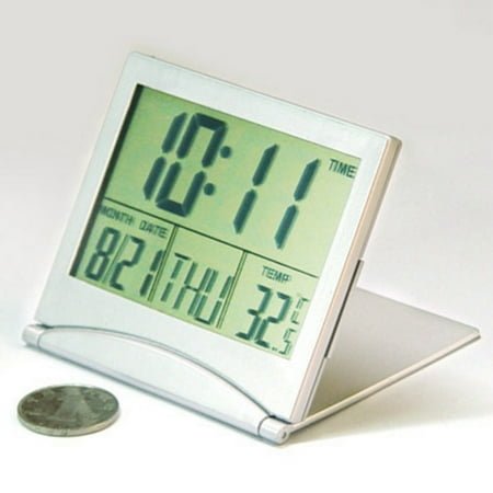 PTOOTP 1Pcs Folding Travel Alarm Clock Silver ABS With Temperature Display For Traveling