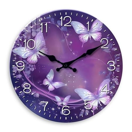 Purple Wall Clock for Girls Bedroom 12 Inch Butterfly Wall Clocks Battery Operated Silent Round Glass Wall Clock