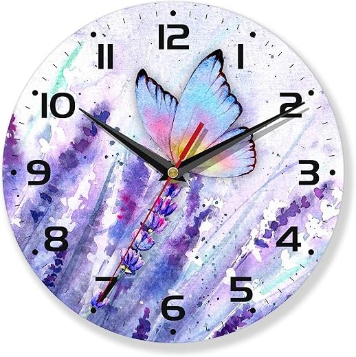 Purple Wall Clocks,Lavender Wall Clock Decorative,Butterfly Kitchen Wall Clocks Battery Operated - 10 Inch Round Bathroom Wall Clock Silent Non-Ticking
