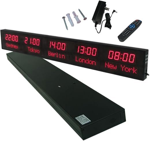 Qiase Wall Mounted Large Digital Led World Clock, 5 Time Zone City Can Be Changed, The Brightness Can Adjusted in Three Levels, The All-Aluminum Shell, for Multinational Enterprises Hotels