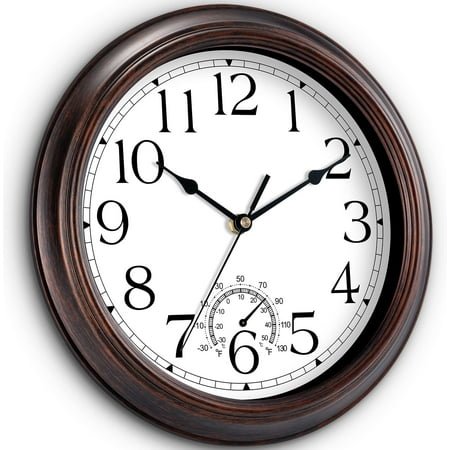 QIHE-12 Inch Outdoor Wall Clock with Thermometers, Vintage Silent Wall Clocks Battery Operated, Retro Non-Ticking Clock Decorative for Living Room, Patio, Kitchen, Office, Bathroom, Bedroom(Bronze