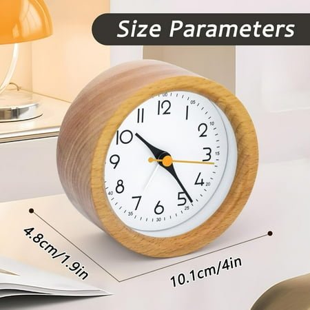QIHE-4'' Natural Wooden Analog Alarm Clock with Soft Night Light - Battery Operated Non-Ticking Silent Tabletop Minimalist Desk & Bedside Clock for Bedrooms Living Room Home Office Decor