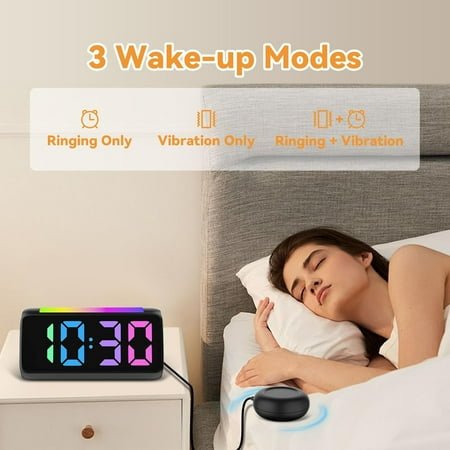 QIHE-Alarm Clocks for Bedrooms Heavy Sleepers, Vibrating Alarm Clock with Bed Shaker, Night Light, RGB Display, Dimmer, Snooze for Hearing Impaired People (Black)