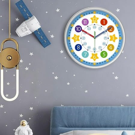 QIHE-Blue Kids Wall Clock 8 Inch Silent Non Ticking Quartz Battery Operated Decorative Time Teaching Clock for Children Bedroom Nursery Room Classroom