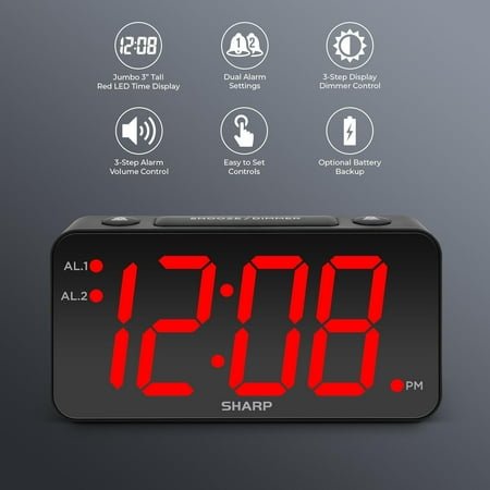 QIHE-Digital Alarm Clock with Jumbo Numbers, Easy to See Large Numbers from Across Room with Simple Operation, Battery Back-up, Black Case with Red LED Display