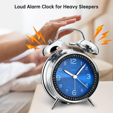 QIHE-Loud Alarm Clock for Heavy Sleepers Adults, Metal 4.5 Inches Twin Bell Battery Operated Analog Alarm Clocks for Bedrooms Decoration (Jewel Blue)