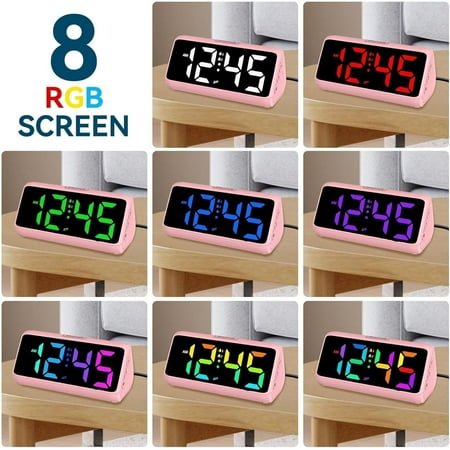QIHE-Loud Alarm Clock for Heavy Sleepers, Plug-in RGB Vibrating Alarm Clocks with Bed Shaker, 5 Dimmers, 2 Alarms and Snooze for Bedrooms Hearing Impaired Deaf Adults Pink