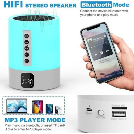 QIHE-Night Light Bluetooth Speaker Alarm Clock, Sound Machine with White Noise, Touch Bedside Lamp, Dimmable Warm White Light, 48 RGB Color Changing, Ideal Gifts for 10-15 Year Old Teenage Boys Gi