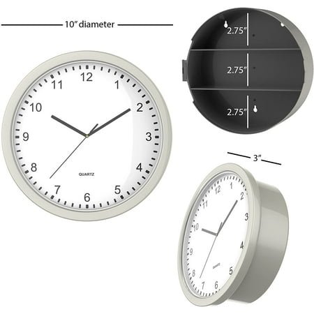 QIHE-Wall Clock Safe - 10-Inch Battery-Operated Analog Timepiece with Hidden Shelf Storage for Secret Compartment Items and More by (Silver/White)