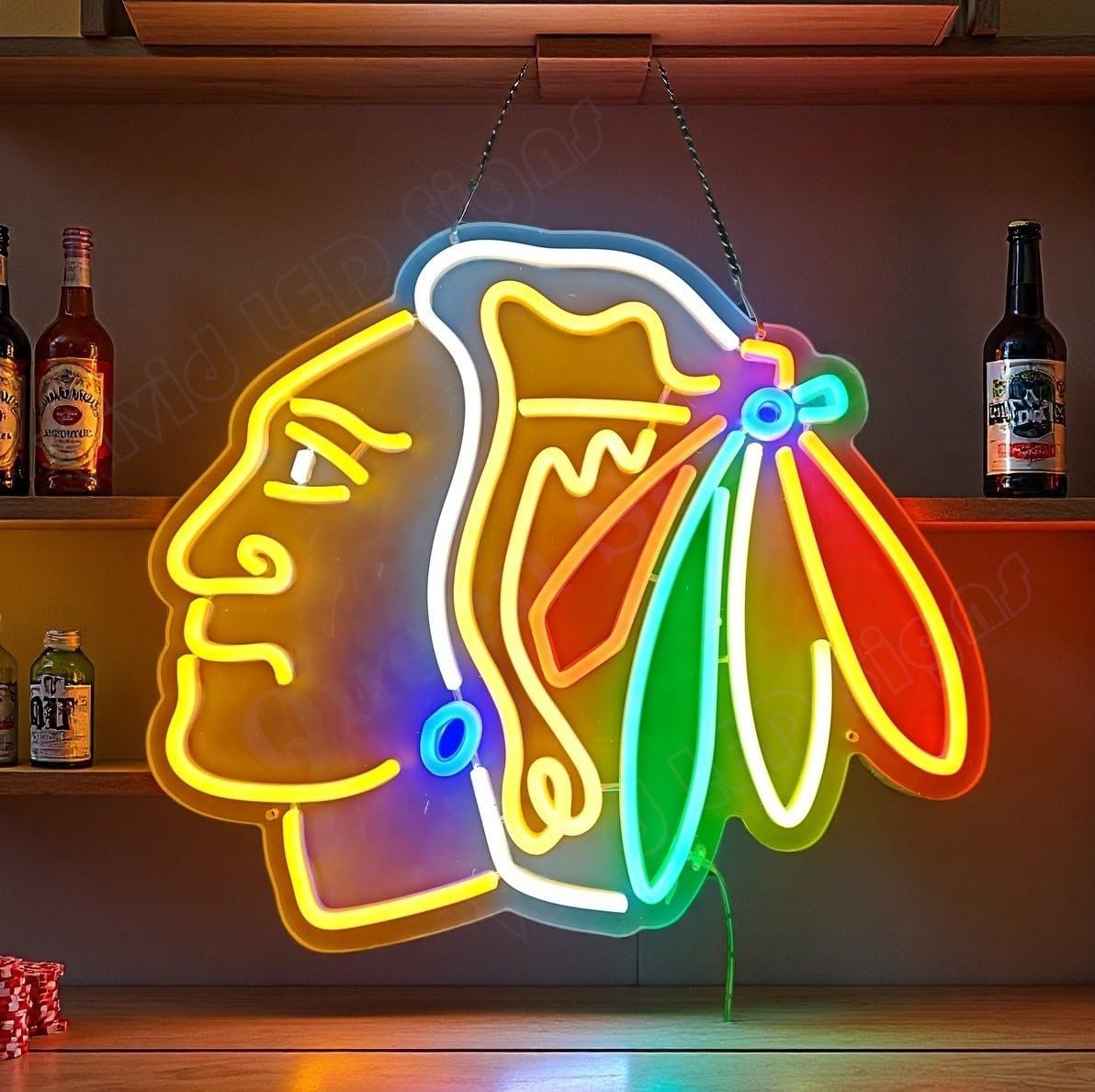 Queen Sense 16"x14" Chicagos Sports Blackhawks LED Neon Sign for Wall Decor USB Powered Dimmable LED Lights Signs Man Cave Bar Pub Beer Art Gift BH672