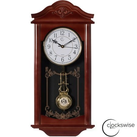 Quickway Imports - Vintage Grandfather Wood- Looking Plastic Pendulum Wall Clock for Living Room, Kitchen, or Dining Room
