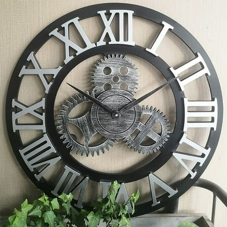 Raindrops Retro Industrial Gear Wall Clock Silver Wooden Bamboo Home Decor